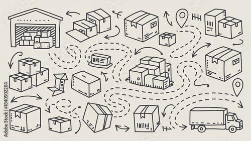 Doodle illustration of shipping and logistics showing delivery boxes warehouse truck and route map for e-commerce and supply chain concepts