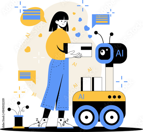 Receiving package from delivery robot with artificial intelligence during daytime