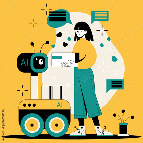 Receiving a package from an autonomous delivery AI rover in a bright colored scene