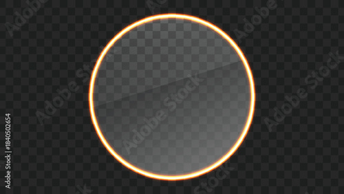 Transparent circular glass disc with a glowing orange neon light rim on a dark checkered background, ideal for UI elements or futuristic designs.