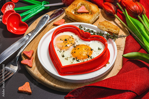 Heart-shaped fried egg served with toasted bread. Romantic art food idea for Valentine's breakfast