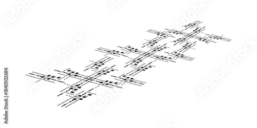 Abstract geometric pattern with interconnected lines and dots creating a complex grid structure.