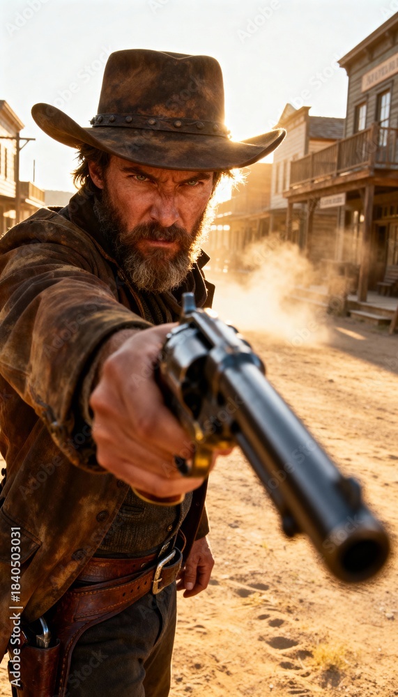 Fototapeta premium Wild West outlaw gunslinger aiming revolver in a tense frontier showdown.