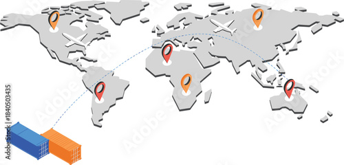 3D isometric illustration of global logistics and transportation network with cargo containers, airplanes, world map, and international shipping routes