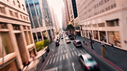 Driving Through Busy Downtown City Street with Camera Slowly Rising to Sky.