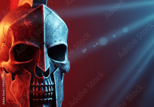Spartan Skull Macro Art dengan Dramatic Lighting dan Vibrant Volumetric Effects