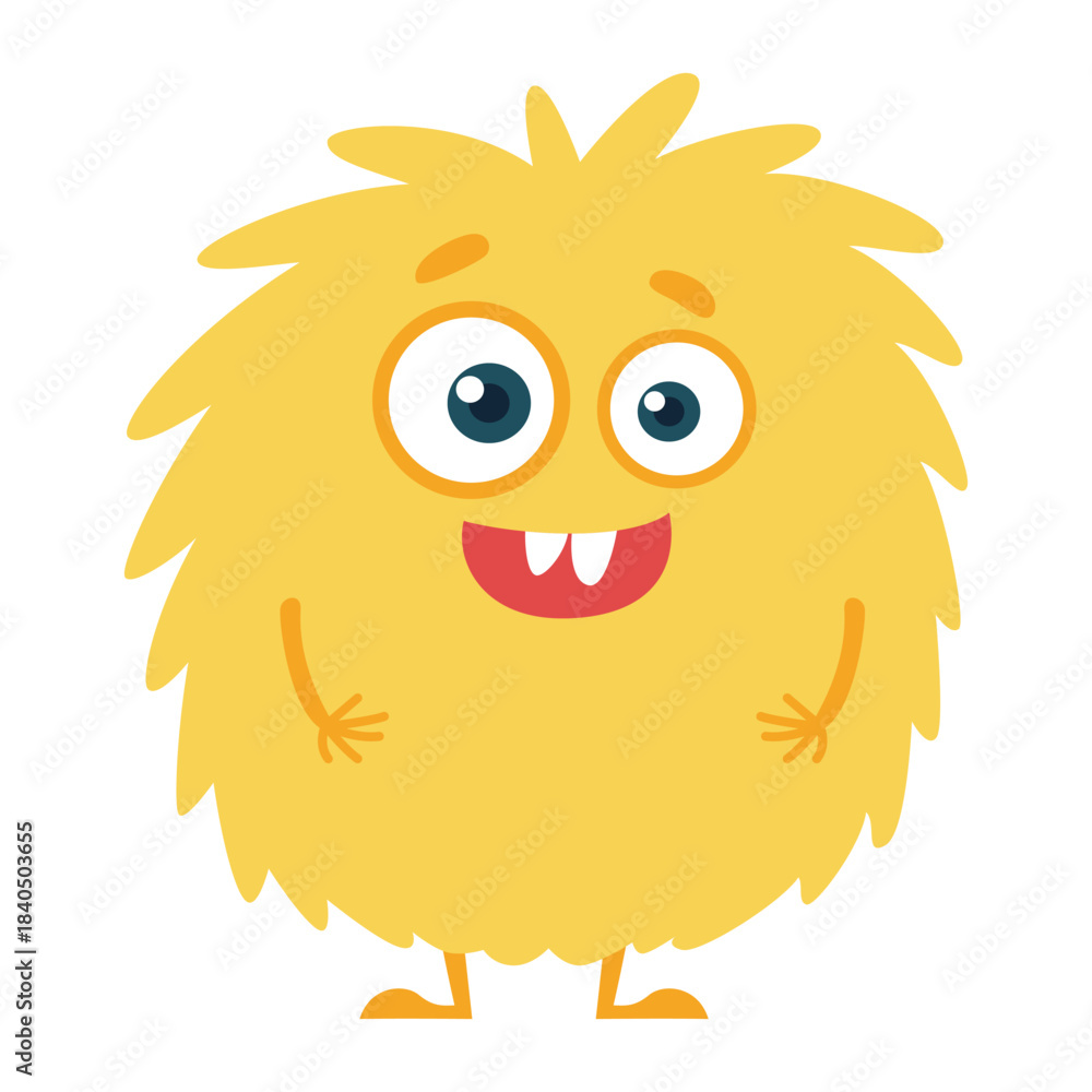 Fototapeta premium Cute Fluffy Yellow Monster. Adorable Cartoon Character for Kids, Fun Friendly Creature Illustration.