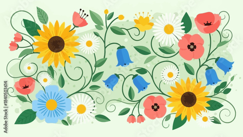 Floral Elegance: A vibrant floral arrangement featuring sunflowers, daisies, poppies, and bluebells, showcasing nature's artistic flair.