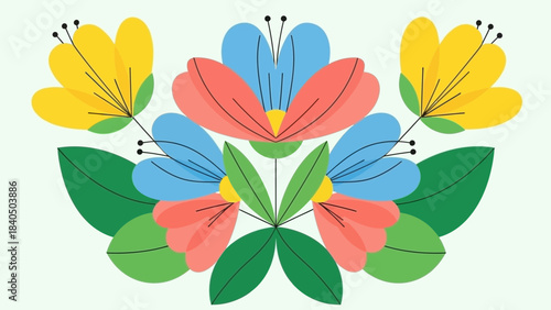 Floral design Illustration: A vibrant floral design with a balanced composition of colors and forms, with eye-catching blooms and fresh leaves, creating a sense of visual appeal and creative touch.