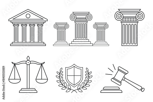 Law and Justice Court Building Pillar Scale Vector Set 