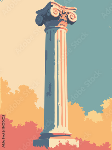 Bauhaus column capital, simplified geometric pillar, vertical lines and scroll, mid-century art, flat vector, 9:16 aspect ratio