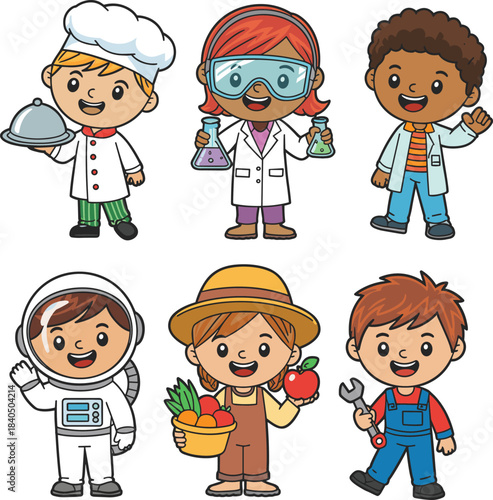 Cartoon children in career outfits — playful character set featuring chef, scientist, doctor, astronaut, farmer, and mechanic professions