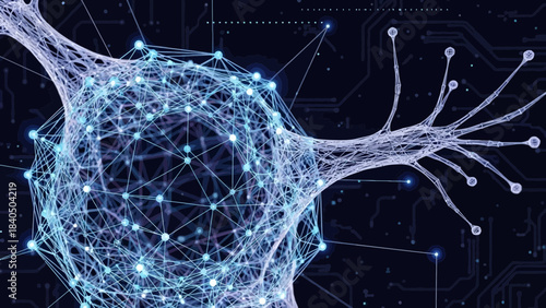 Interconnected Neural Network: An intricate digital illustration of a neuron with connecting synapses against a backdrop of complex circuitry, symbolizes the vast network of information.
