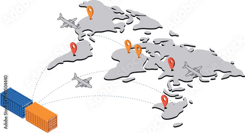 3D isometric illustration of global logistics and transportation network with cargo containers, airplanes, world map, and international shipping routes