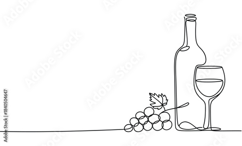 Wine glass, bottle of wine and grapes, continuous line drawing, minimalist sketch style still life illustration, elegant decor concept isolated on white background.