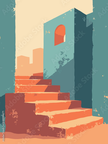 Bauhaus typography poster concept (no text), geometric blocks arranging in a stair pattern, teal and burnt orange palette, flat vector, 9:16 aspect ratio