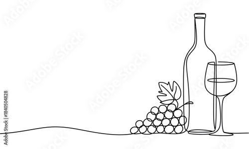 Wine glass, bottle of wine and grapes, continuous line drawing, minimalist sketch style still life illustration, elegant decor concept isolated on white background.