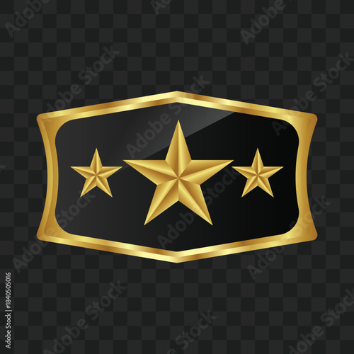 A golden shield badge with three prominent golden stars on a sleek black background, symbolizing achievement and excellence.