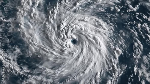 Satellite View of a Powerful Swirling Hurricane Over the Ocean Showing Intense Cloud Formations and a Clear Eye of the Storm Bathed in Daylight