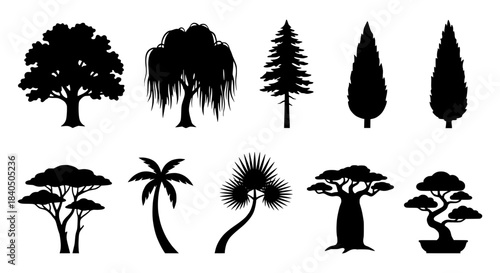 Diverse collection of 10 tree silhouettes in vector format showcasing various species for nature and environmental themes