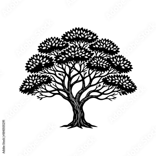 Majestic tree vector silhouette with lush foliage and a strong trunk symbolizing nature, growth, and environmental beauty
