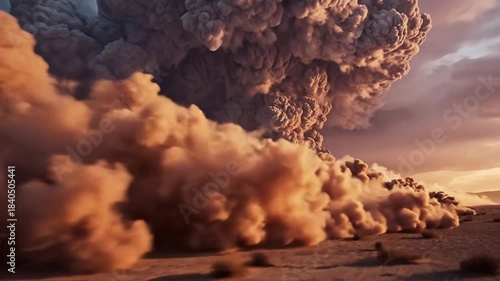 Massive Volcanic Eruption With Dense Ash Plume Billowing Into The Sky Over A Barren Desert Landscape Under Dramatic Sunset Lighting