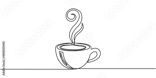 Continuous thin line coffee cup with smoke vector illustration, minimalist sketch doodle for cafe.