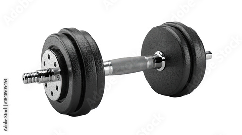 Adjustable dumbbell with metal plates on a black background