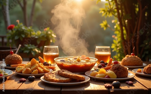 A welcoming table is set amidst the sizzling treats and joyful atmosphere. High quality