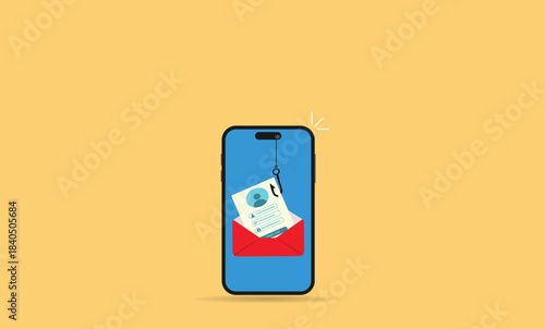 Phishing attack.Hooked login form pulled from an open envelope by a fishhook, symbolizing hacker credential theft and deceptive phishing email.
