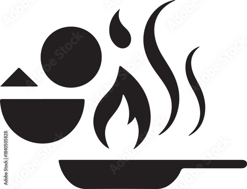 Simple black silhouette of cooking food in a pan with flames