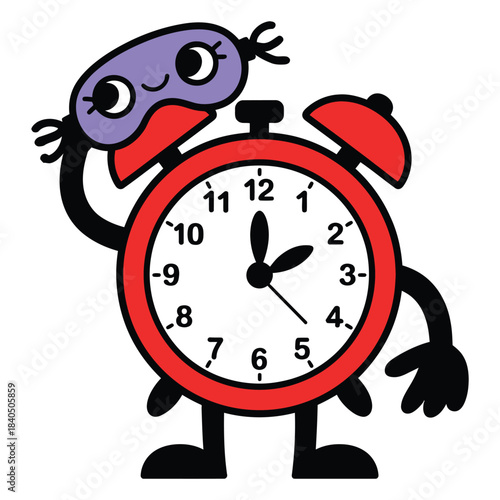 Cute cartoon alarm clock character wearing sleep mask waking up illustration isolated on transparent background for morning routine concept