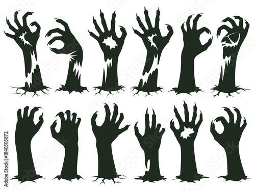 Zombie hands silhouette, crooked hands emerging from graveyard ground, vector illustration, creepy Halloween undead concept, horror scene with spooky skeleton hands.