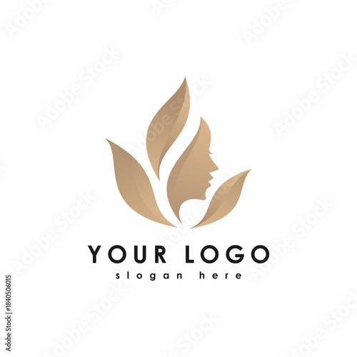 Elegant natural beauty logo design with woman's profile and leaves, ideal for fashion and makeup brands.