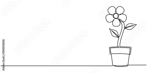 Potted houseplant flowers in continuous one line drawing. Single line art illustration of flower in pot.
