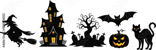 Halloween silhouettes, flying witch, haunted house, graveyard tree, spooky bat, jack-o'-lantern, black cat, glowing eyes, horror clipart, cartoon vector