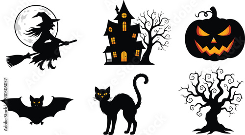 Halloween silhouettes, flying witch, haunted house, graveyard tree, spooky bat, jack-o'-lantern, black cat, glowing eyes, cartoon vector, horror clipart