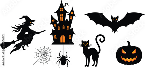 Halloween silhouettes, flying witch, haunted house, spooky bat, hanging spider, black cat, jack-o'-lantern, glowing eyes, horror clipart, cartoon vector