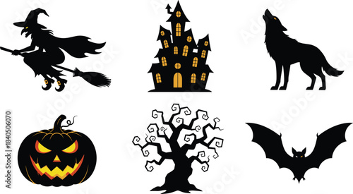 Halloween silhouettes, flying witch, haunted house, howling wolf, jack-o'-lantern, spooky tree, bat, glowing eyes, cartoon vector, horror clipart
