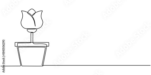 Potted houseplant flowers in continuous one line drawing. Single line art illustration of flower in pot.