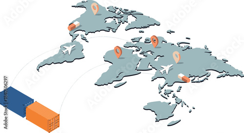 3D isometric illustration of global logistics and transportation network with cargo containers, airplanes, world map, and international shipping routes