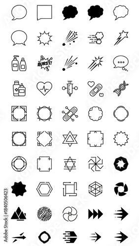 Set of various icons depicting communication speech bubbles explosive bursts geometric frames medical symbols arrows and abstract shapes collection of design elements for interface or graphic projects