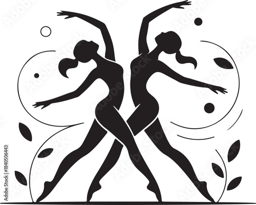 Two silhouetted female dancers in synchronized pose with decorative elements