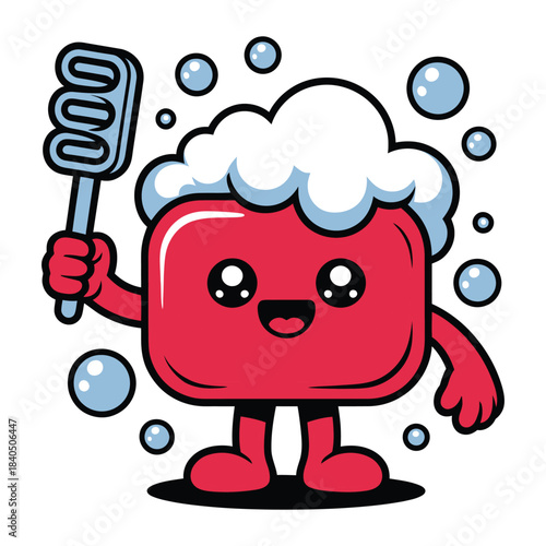Cute red cartoon soap bar character with happy face and big eyes holding blue brush surrounded by white foam and clear bubbles ready for bath time
