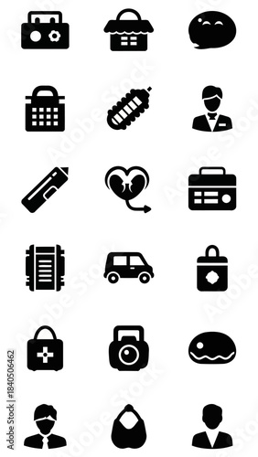 Diverse collection of filled silhouette vector icons including travel luggage, shopping baskets, commerce items, professional figures, medical symbols, and utility tools for design projects