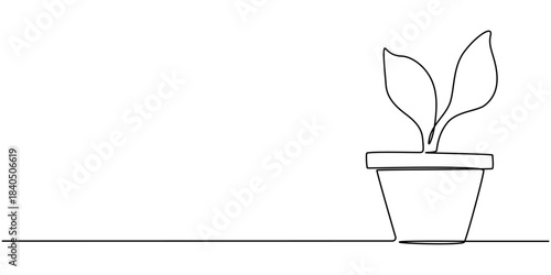 Simple continuous line drawing of a plant growing in a pot. Plant pot continuous one line drawing.