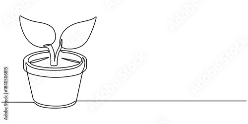 Simple continuous line drawing of a plant growing in a pot. Plant pot continuous one line drawing.