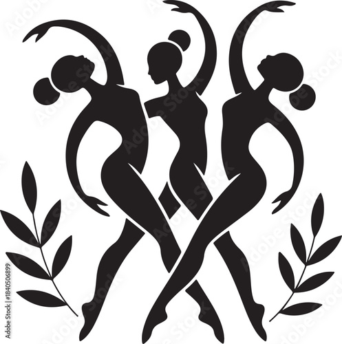 Three graceful female dancers in silhouette with laurel branches