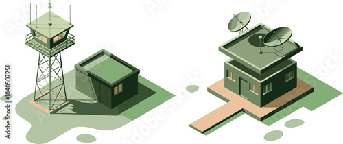 3D isometric illustration of military communication buildings with watchtower, radar antennas, control center, surveillance base, and defense facility