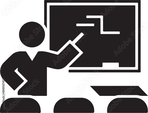 Teacher instructing students at a blackboard in a classroom setting